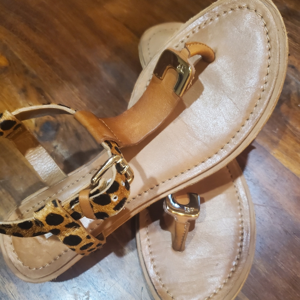 Diane Von Furstenberg,  tan leather sandals,  leopard print, ladies size 6.5